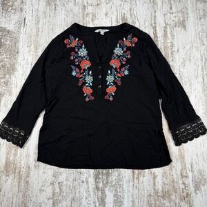 Pioneer Women‎ Floral Embroidered Top, Johnny Was Style, Crochet Sleeve Sz S